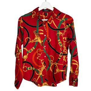 Ralph Lauren Red Button Down Shirt with Gold and Green Accents
